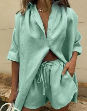 Woman Casual Cotton Linen Solid Color Sets Women Short Sleeve Loose Shirt Wide Leg Shorts Two Piece Set Woman Suits 2025 Summer