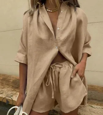 Woman Casual Cotton Linen Solid Color Sets Women Short Sleeve Loose Shirt Wide Leg Shorts Two Piece Set Woman Suits 2025 Summer