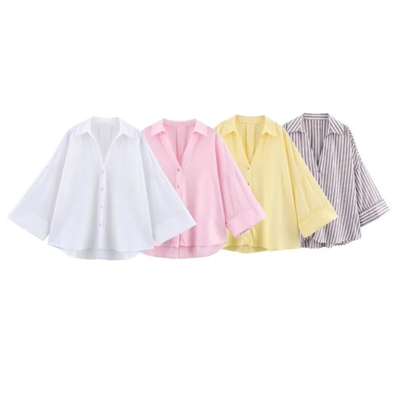 Lauxs Women's - Elegant Wide Sleeve Linen Blouse