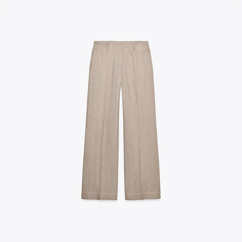 Casual Trousers Set Women Cotton Linen Lapel Zippers Crop Top Straight Pants Sets Lady 2025 Autumn Solid Suit Woman Streetwear