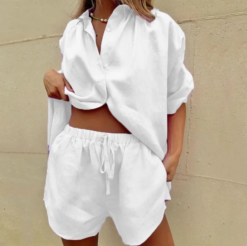 Woman Casual Cotton Linen Solid Color Sets Women Short Sleeve Loose Shirt Wide Leg Shorts Two Piece Set Woman Suits 2025 Summer