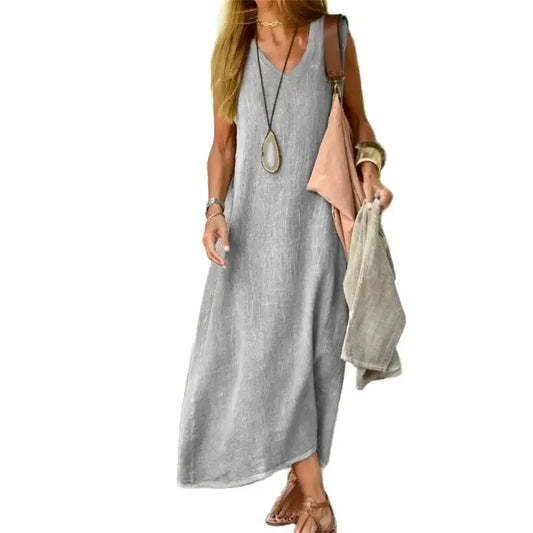 Elegant V-Neck Cotton Linen Summer Dress
